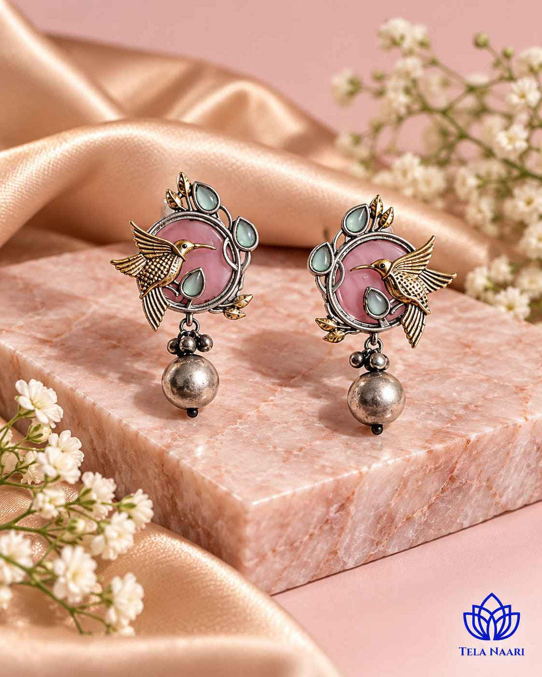 Rashmika Dual Tone Pink Bird Earrings