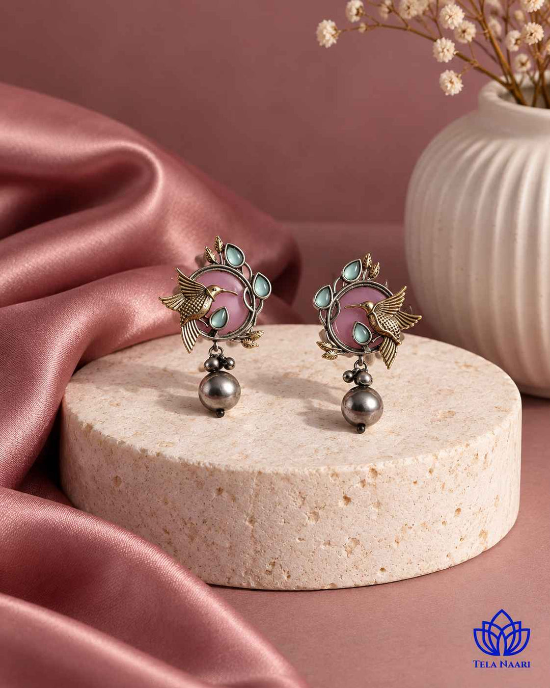 Rashmika Dual Tone Pink Bird Earrings