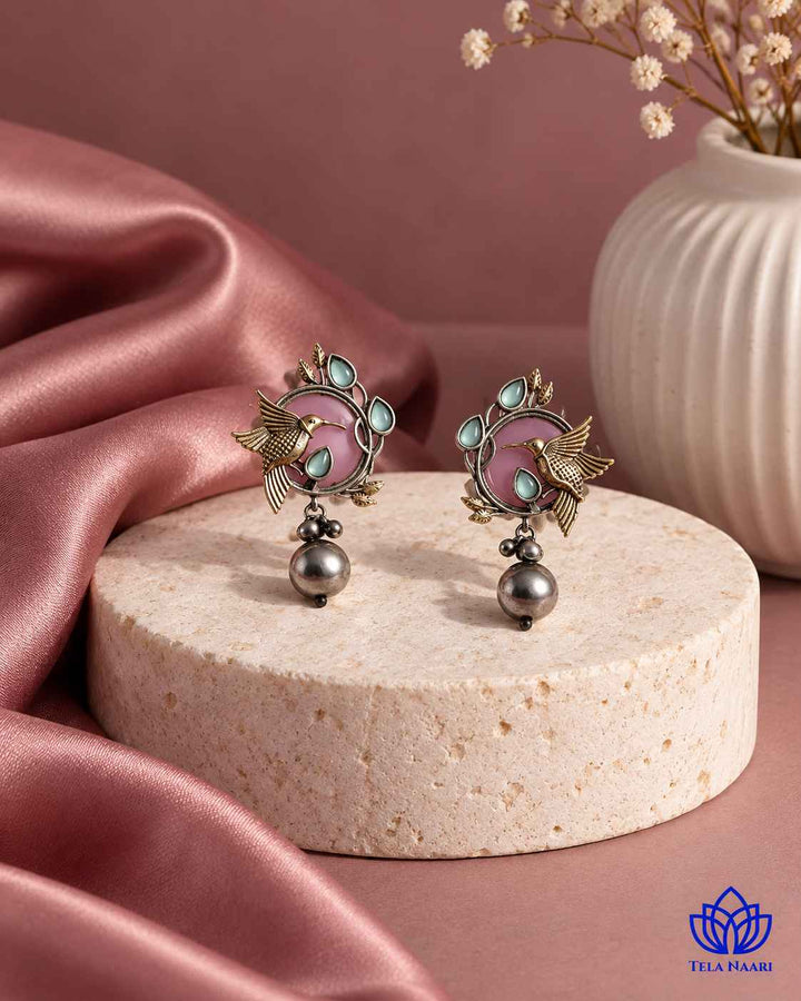 Rashmika Dual Tone Pink Bird Earrings