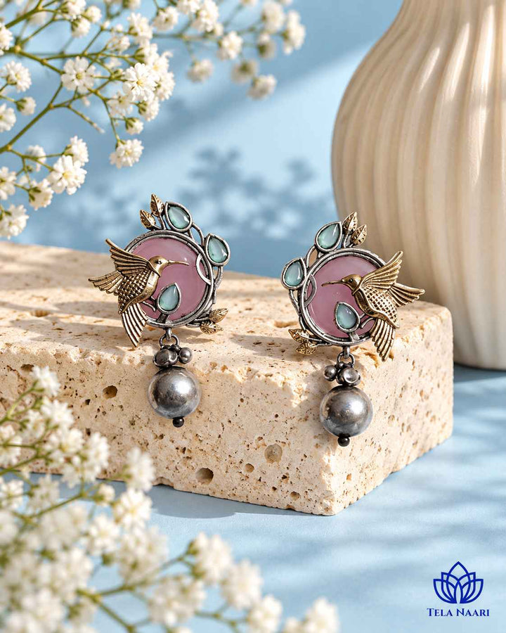 Rashmika Dual Tone Pink Bird Earrings