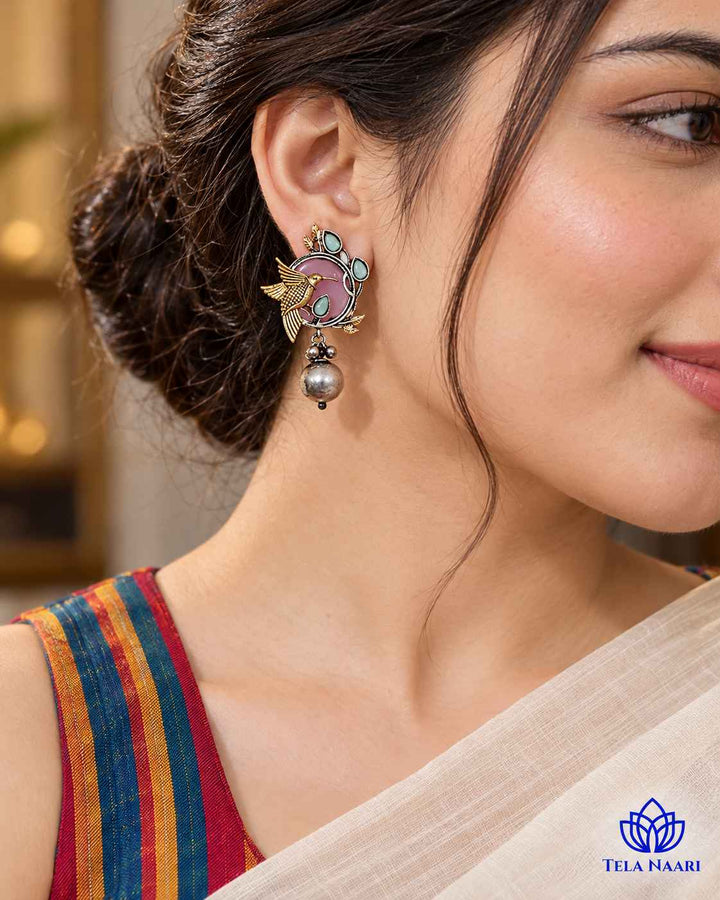 Rashmika Dual Tone Pink Bird Earrings