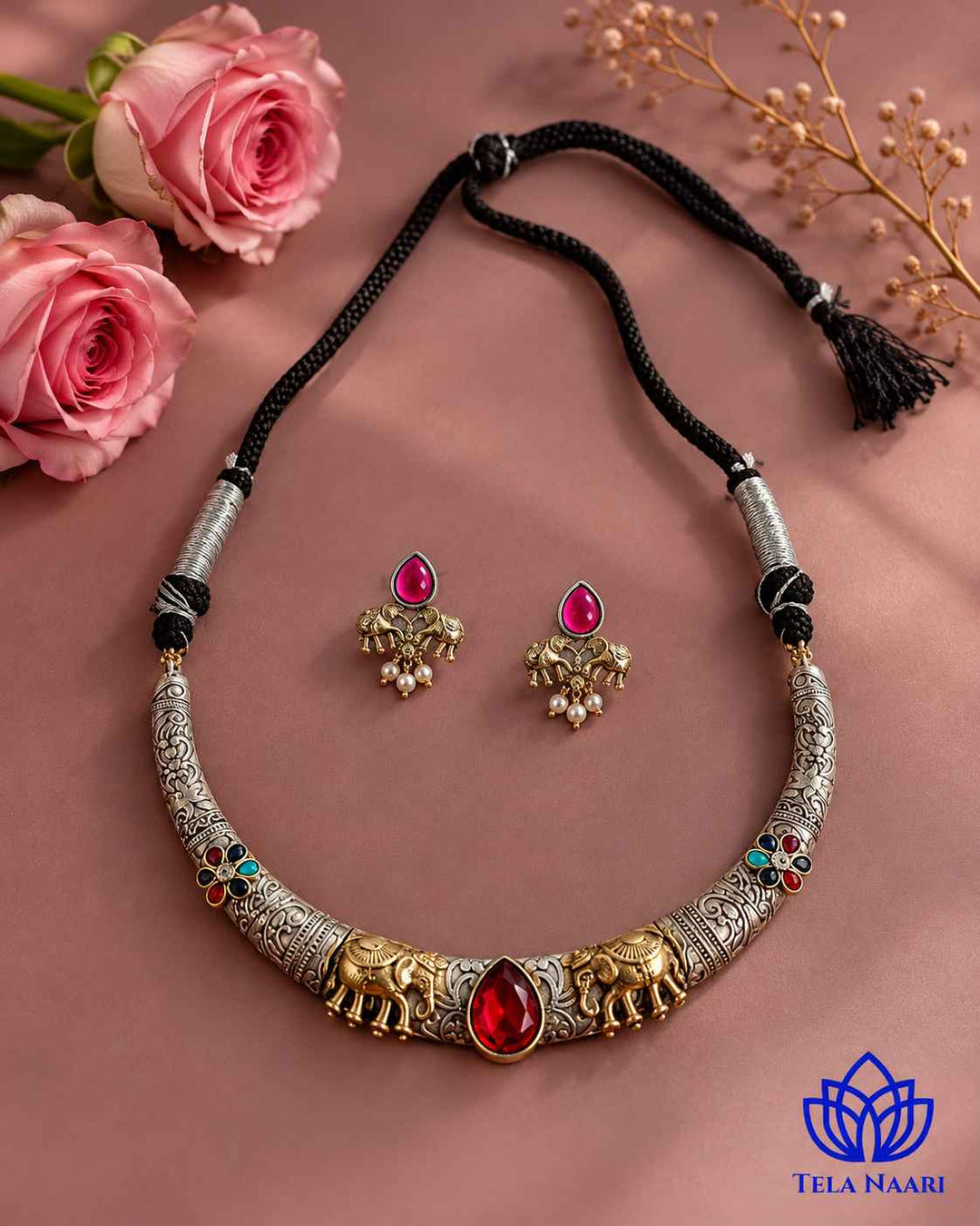 Nivedita Dual Tone Red Stone Choker Necklace Hasli Set