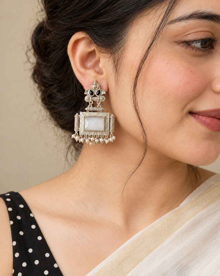 Classic Timeless Bharati Silver Pearl Oxidised White Earrings