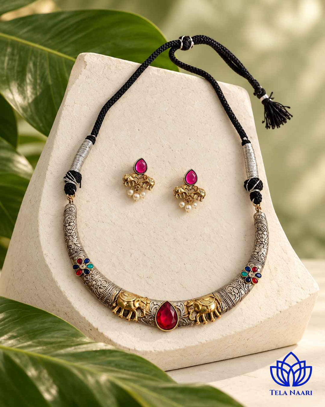 Nivedita Dual Tone Red Stone Choker Necklace Hasli Set