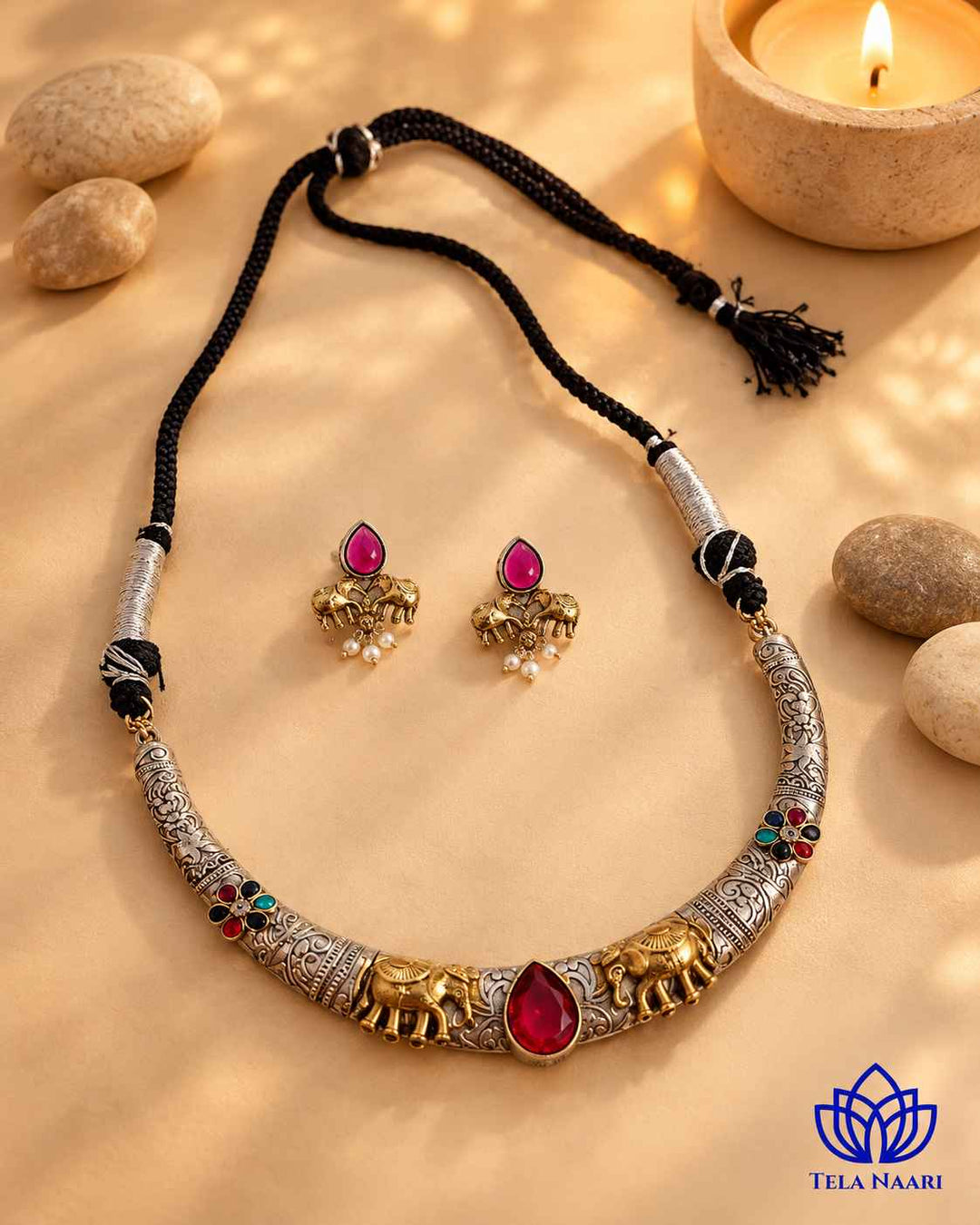 Nivedita Dual Tone Red Stone Choker Necklace Hasli Set