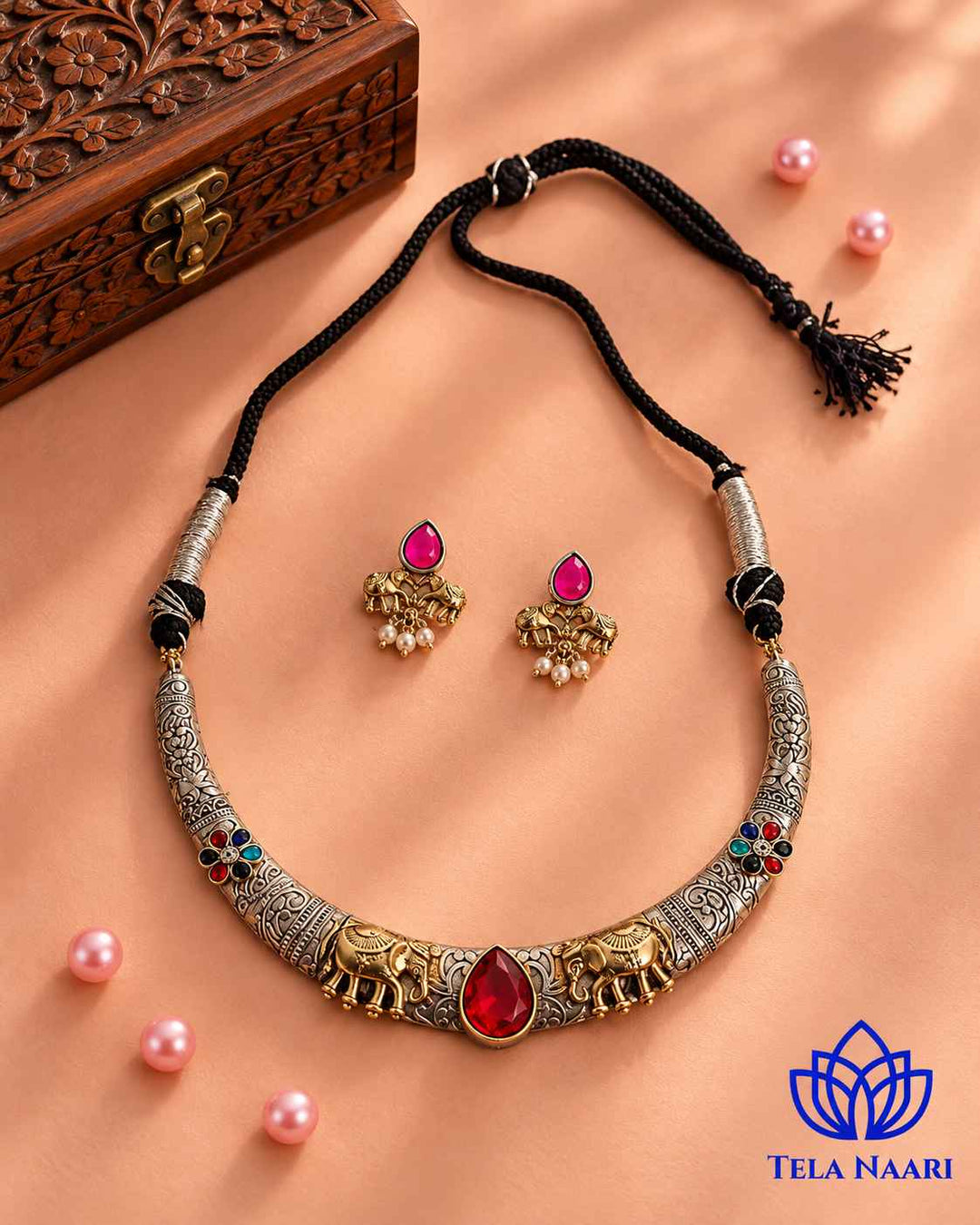 Nivedita Dual Tone Red Stone Choker Necklace Hasli Set