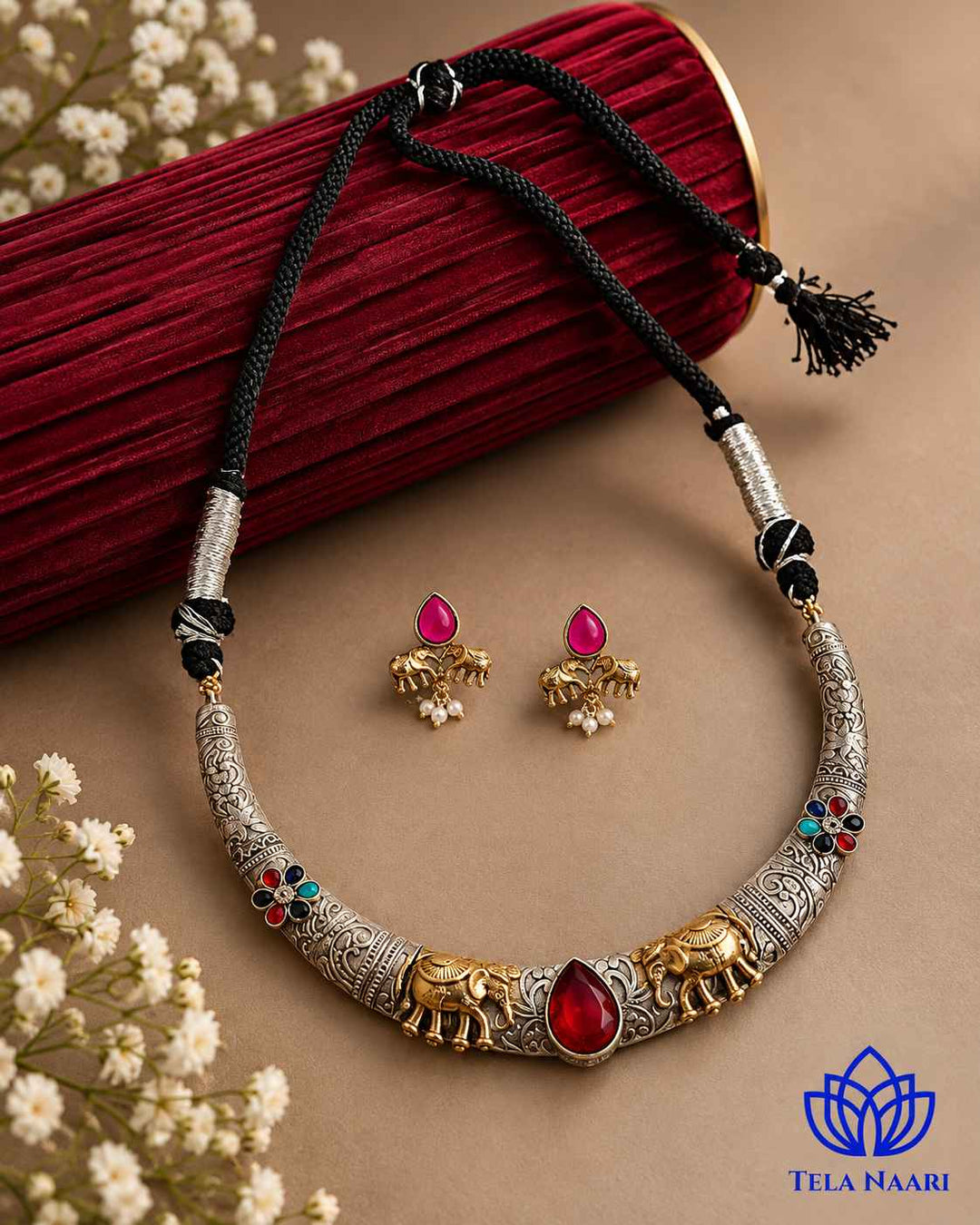 Nivedita Dual Tone Red Stone Choker Necklace Hasli Set