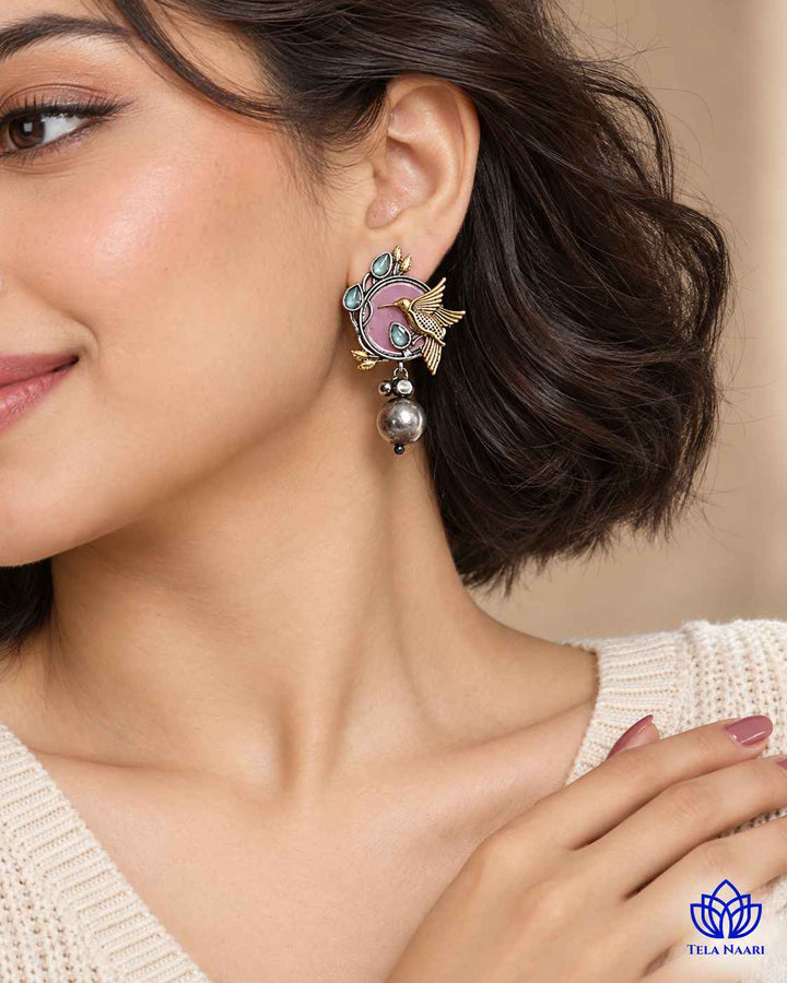 Rashmika Dual Tone Pink Bird Earrings