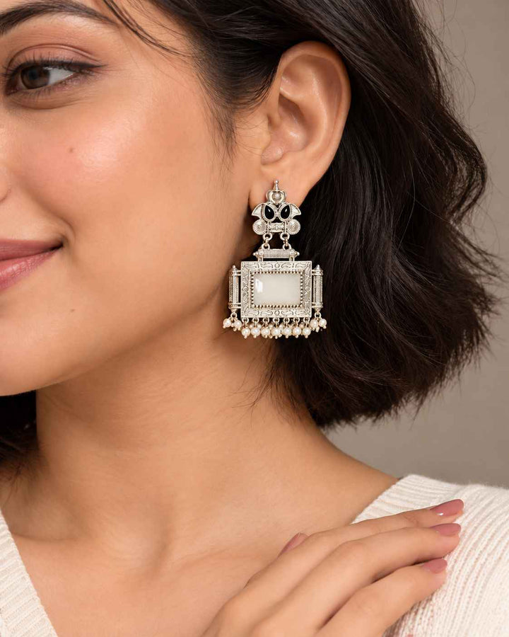 Classic Timeless Bharati Silver Pearl Oxidised White Earrings