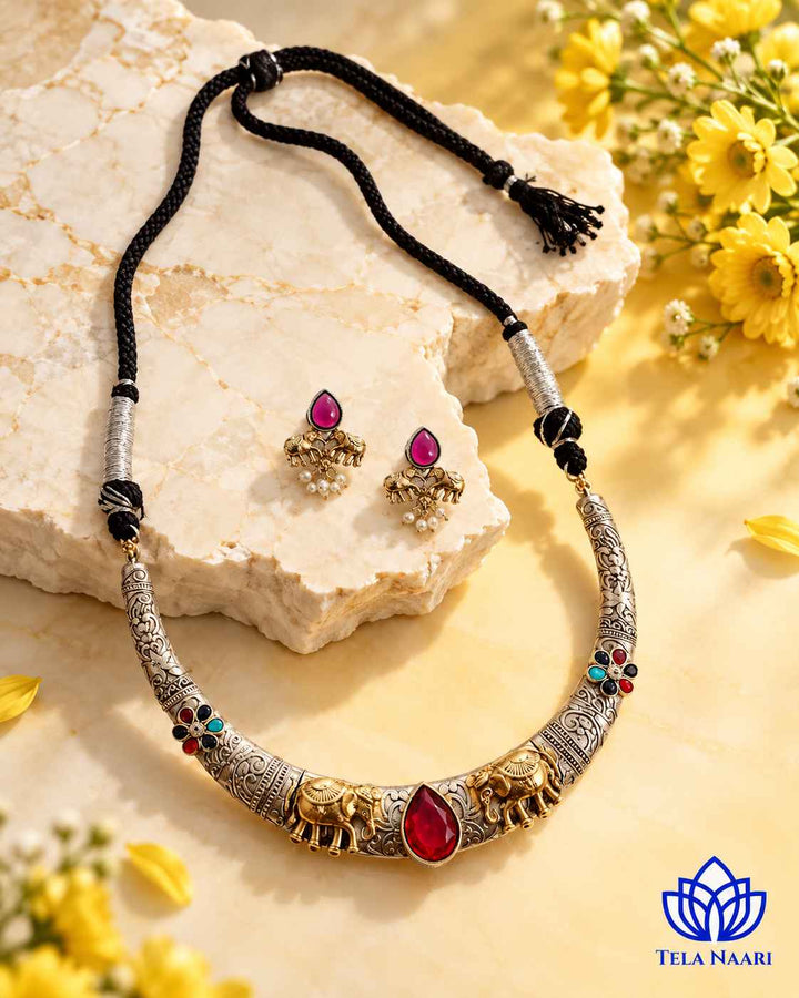 Nivedita Dual Tone Red Stone Choker Necklace Hasli Set