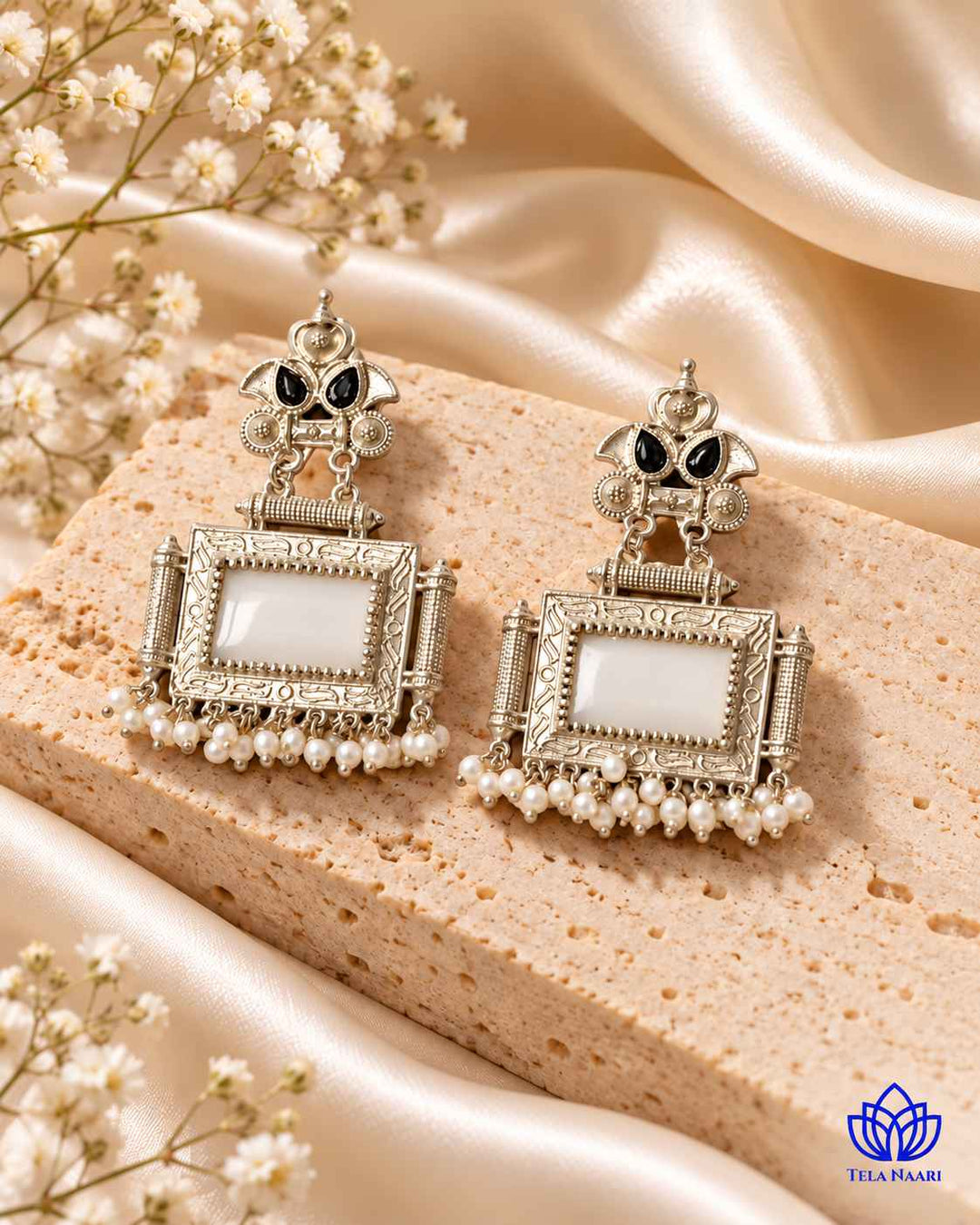 Classic Timeless Bharati Silver Pearl Oxidised White Earrings