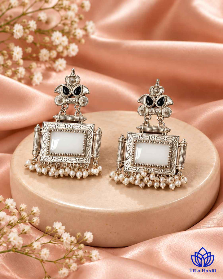 Classic Timeless Bharati Silver Pearl Oxidised White Earrings