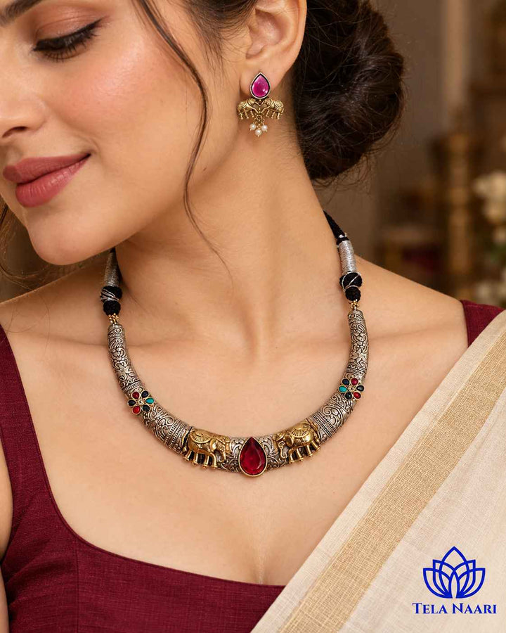 Nivedita Dual Tone Red Stone Choker Necklace Hasli Set