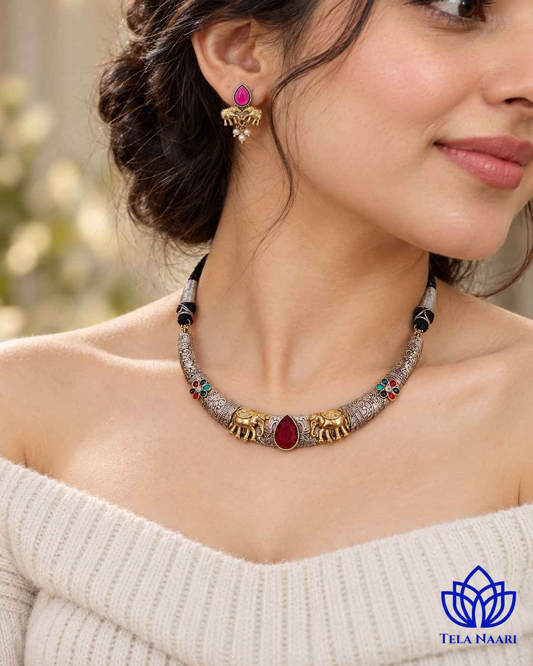 Nivedita Dual Tone Red Stone Choker Necklace Hasli Set