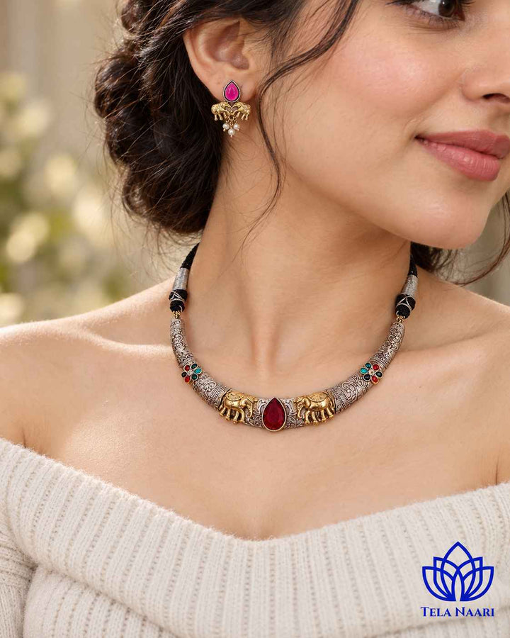 Nivedita Dual Tone Red Stone Choker Necklace Hasli Set