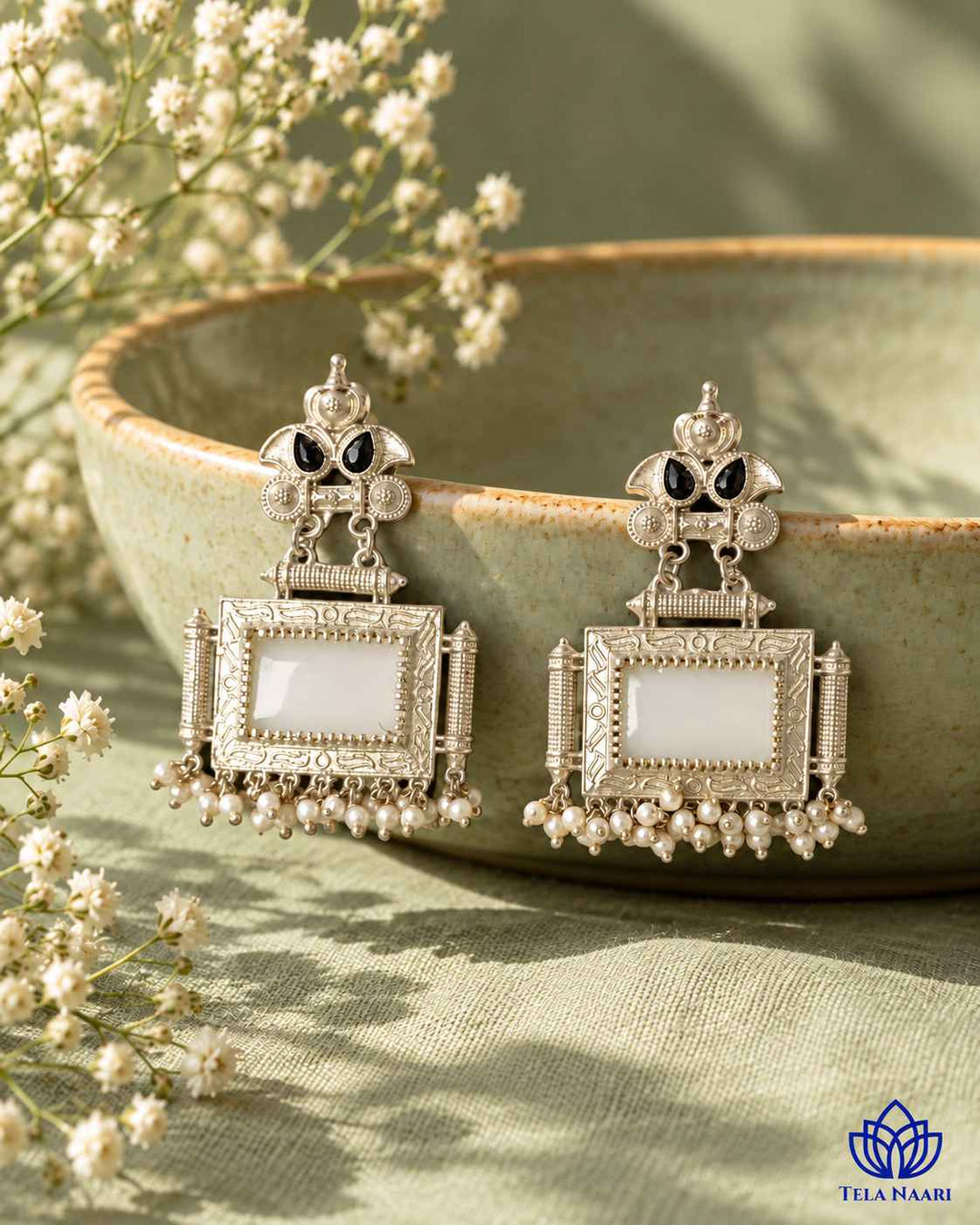 Classic Timeless Bharati Silver Pearl Oxidised White Earrings