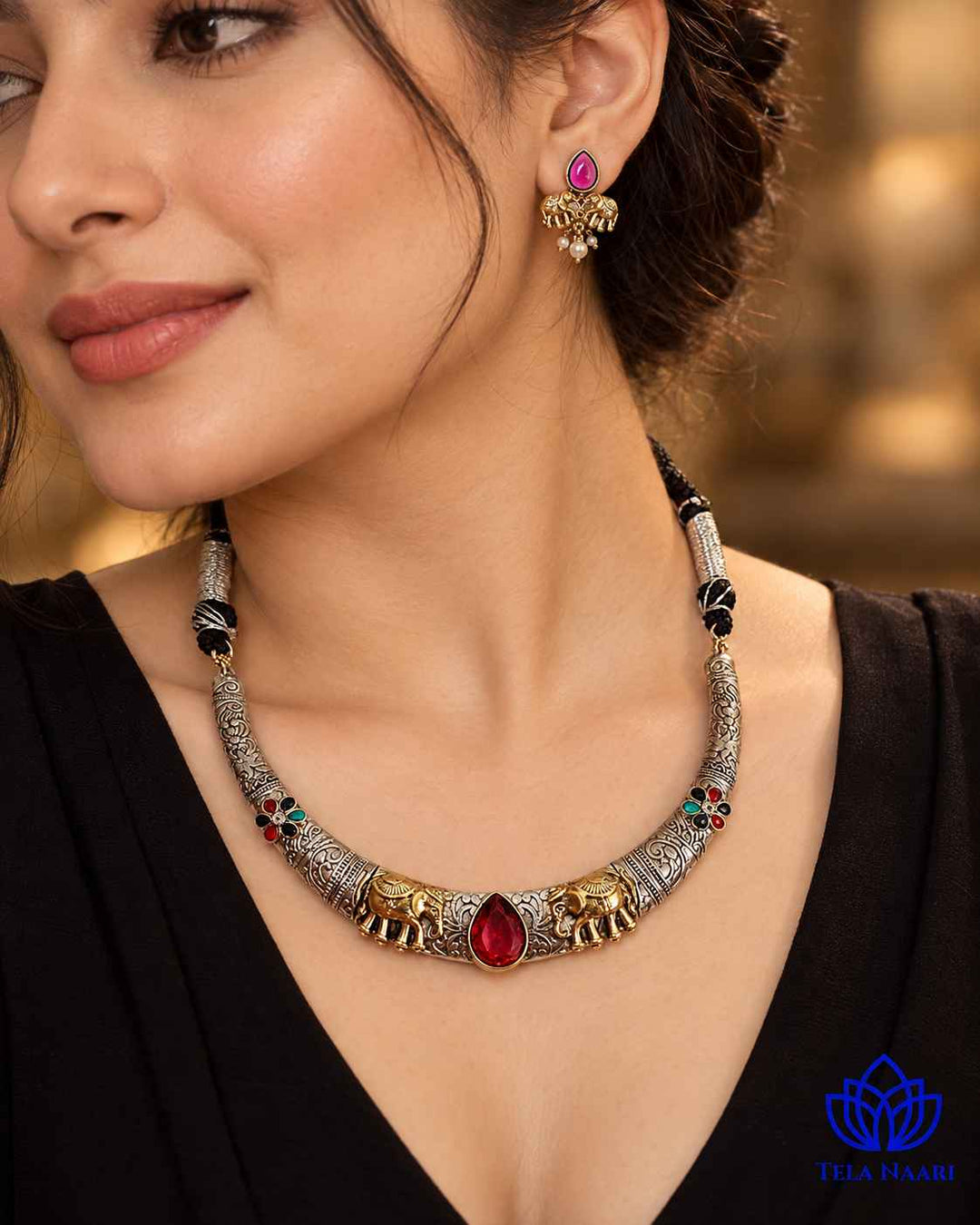 Nivedita Dual Tone Red Stone Choker Necklace Hasli Set