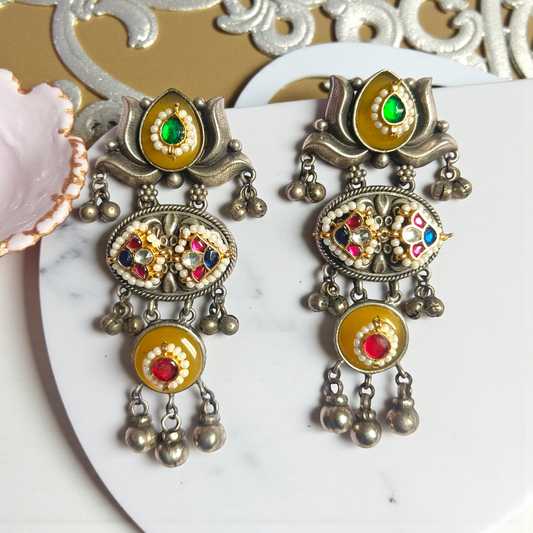 Telanaari Elegant Bornali Dual Tone Fushion Pachi Kundan Silver Plated Earrings