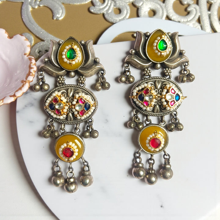 Telanaari Elegant Bornali Dual Tone Fushion Pachi Kundan Silver Plated Earrings