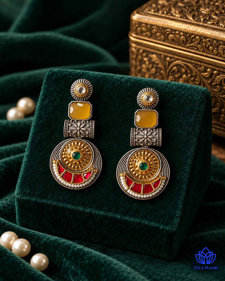 Harmeet Yellow Pachi Kundan Fusion Dual Tone Earrings