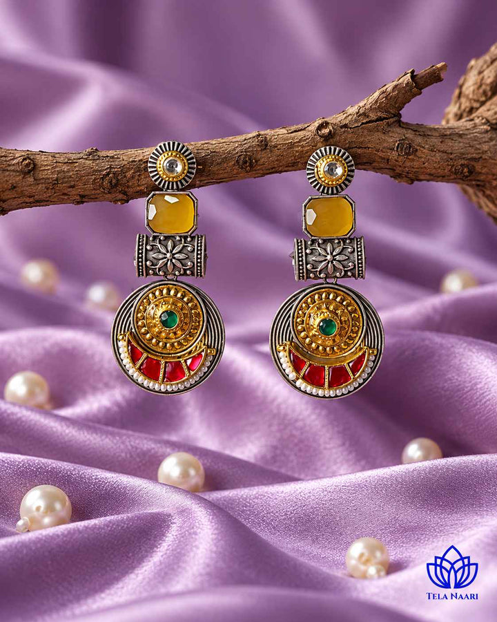 Harmeet Yellow Pachi Kundan Fusion Dual Tone Earrings