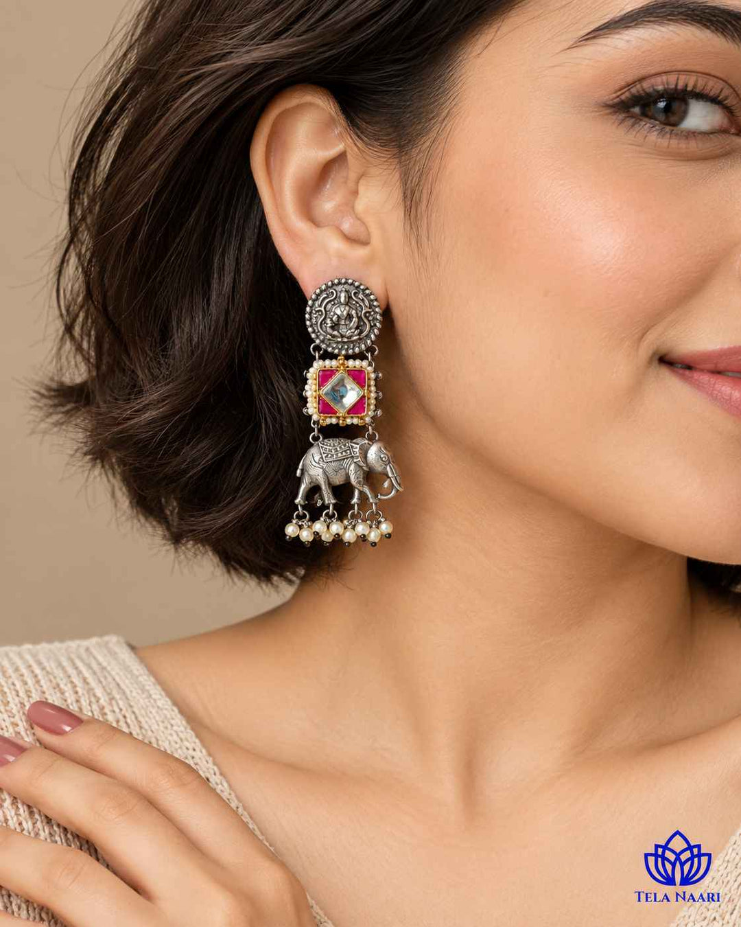 Gaja Pachi Kundan Fusion Dual Tone Earrings