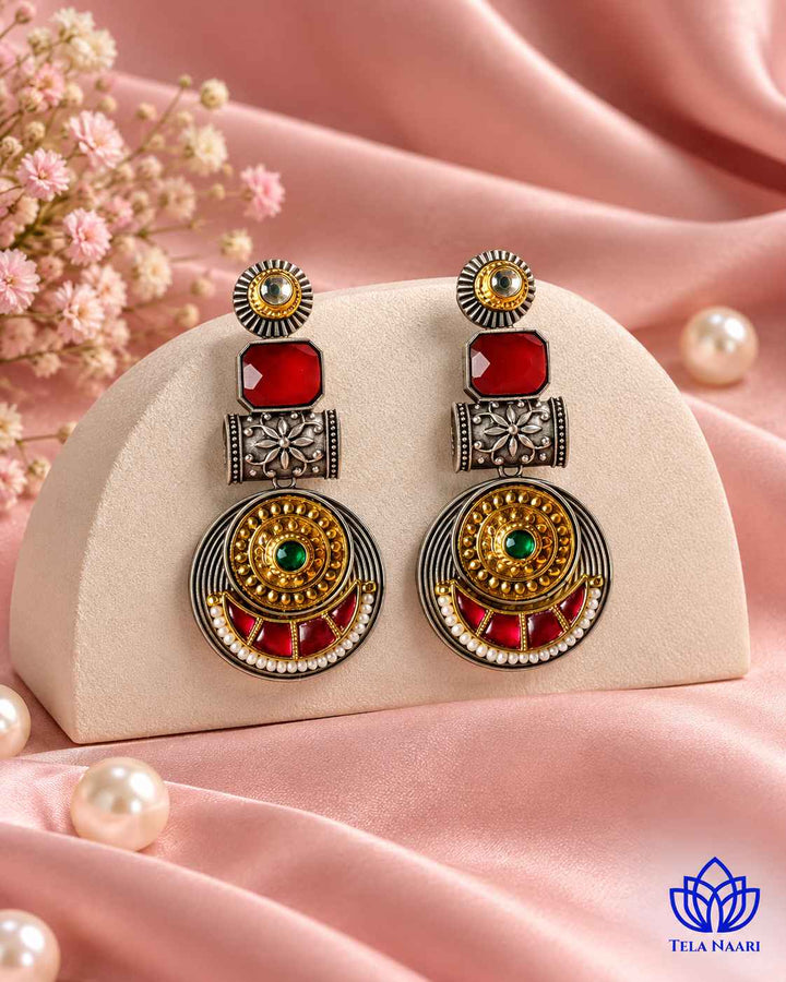 Harmeet Red Pachi Kundan Fusion Dual Tone Earrings