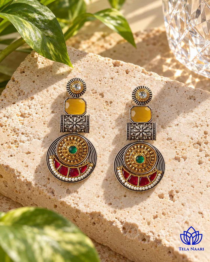 Harmeet Yellow Pachi Kundan Fusion Dual Tone Earrings