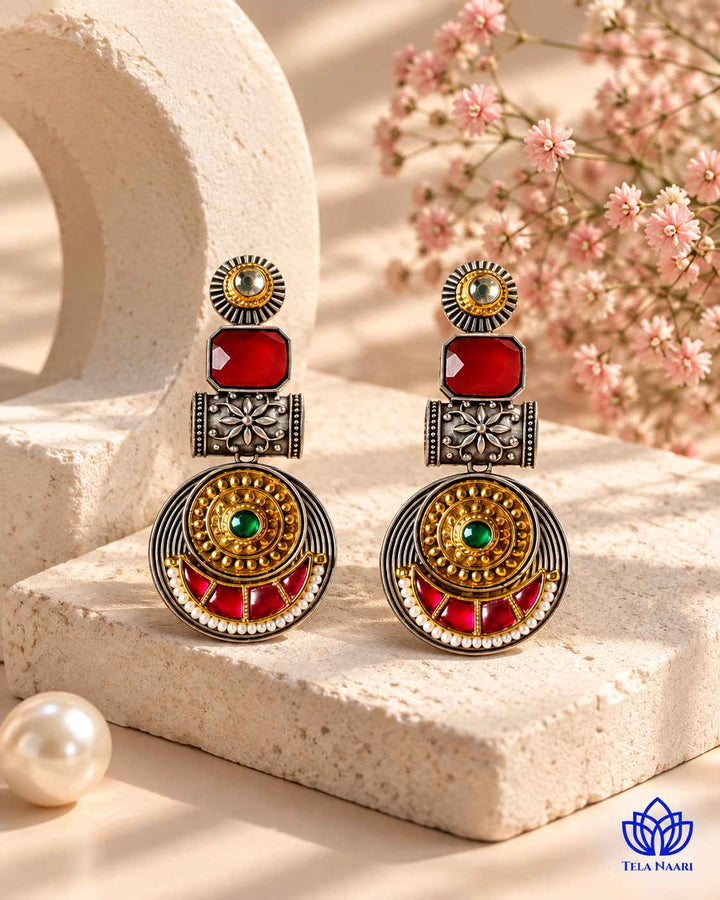 Harmeet Red Pachi Kundan Fusion Dual Tone Earrings