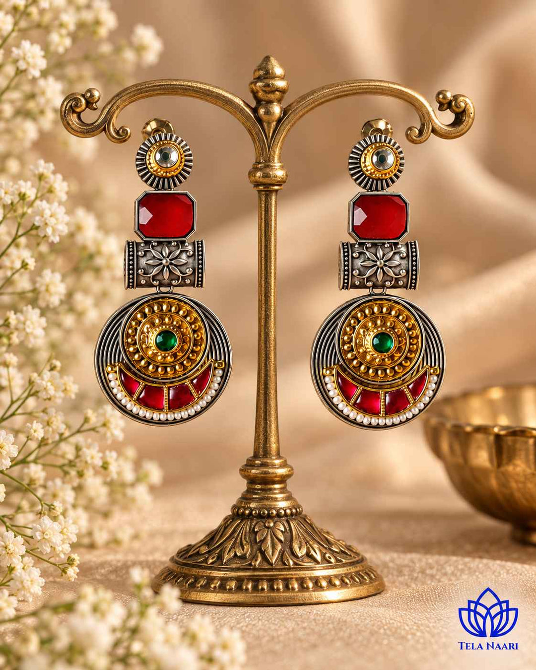 Harmeet Red Pachi Kundan Fusion Dual Tone Earrings