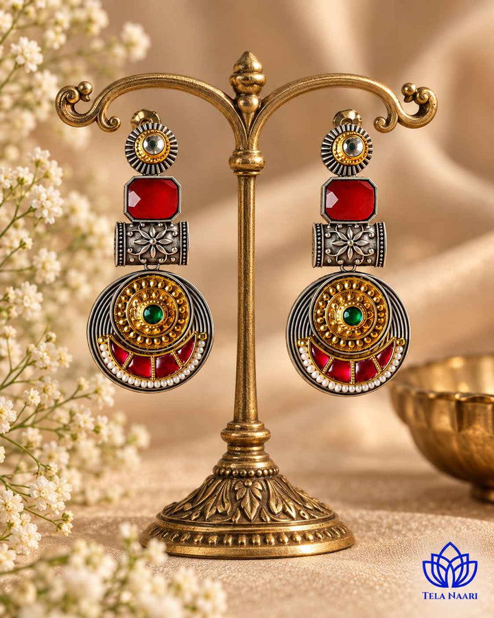 Harmeet Red Pachi Kundan Fusion Dual Tone Earrings