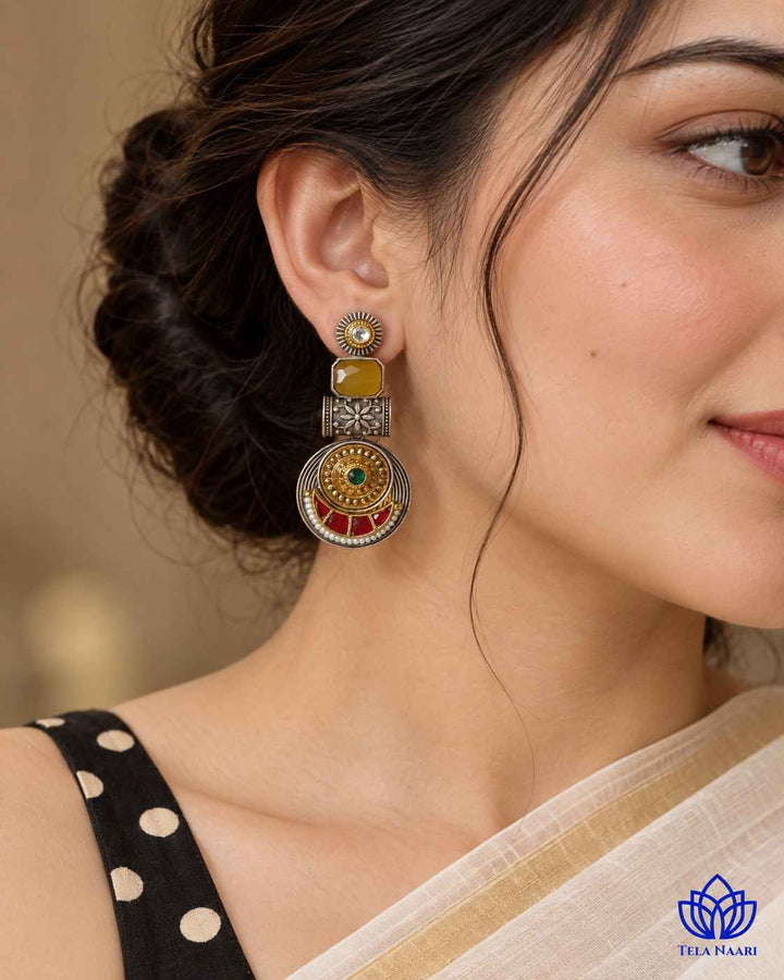 Harmeet Yellow Pachi Kundan Fusion Dual Tone Earrings