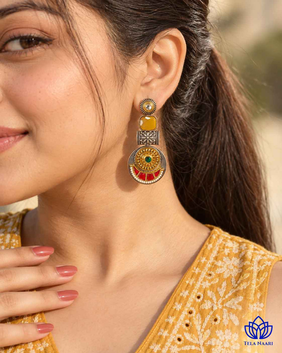 Harmeet Yellow Pachi Kundan Fusion Dual Tone Earrings