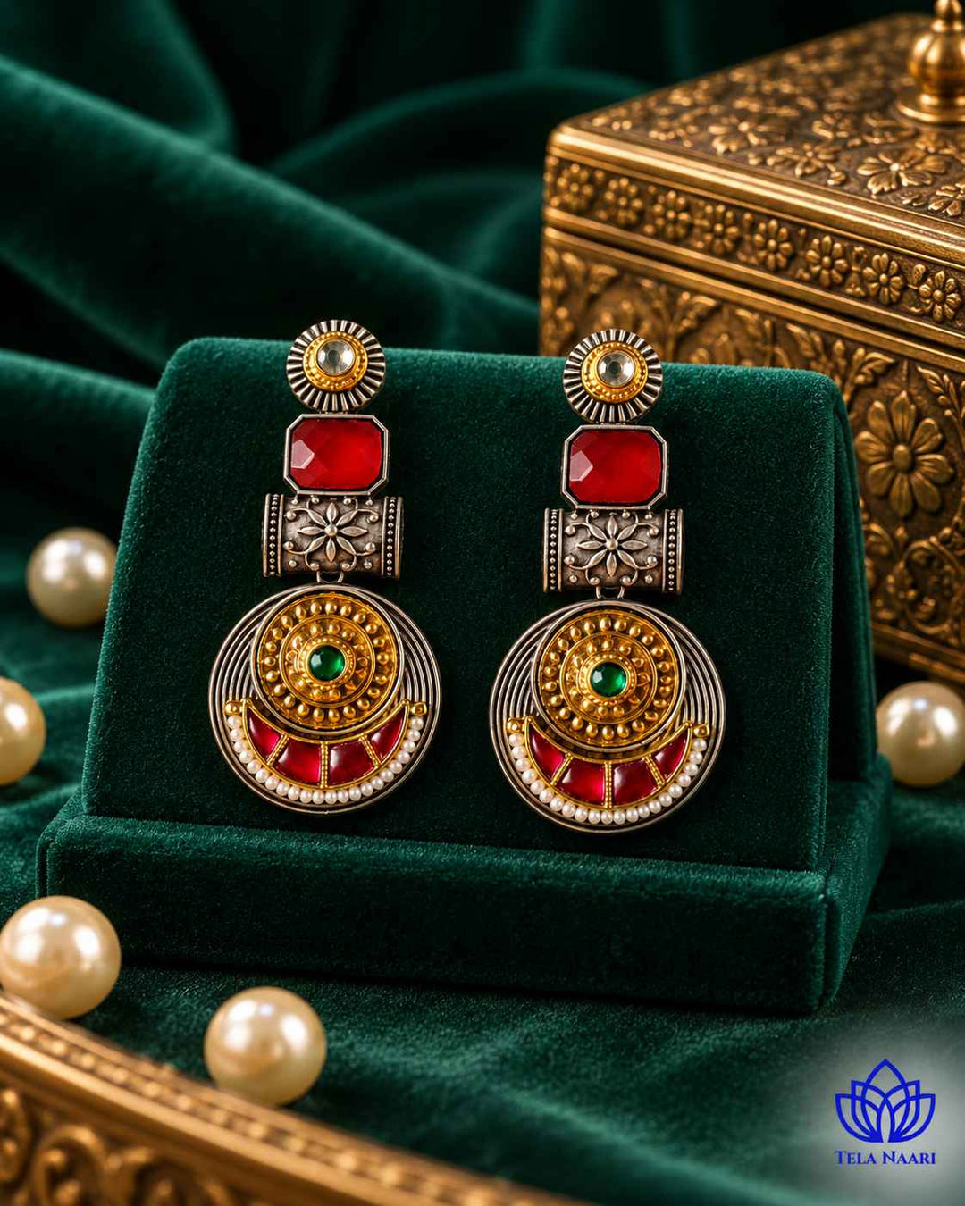 Harmeet Red Pachi Kundan Fusion Dual Tone Earrings