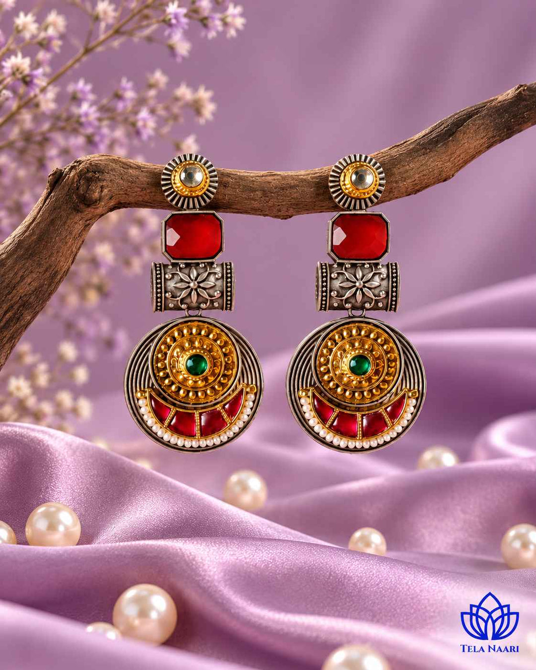 Harmeet Red Pachi Kundan Fusion Dual Tone Earrings