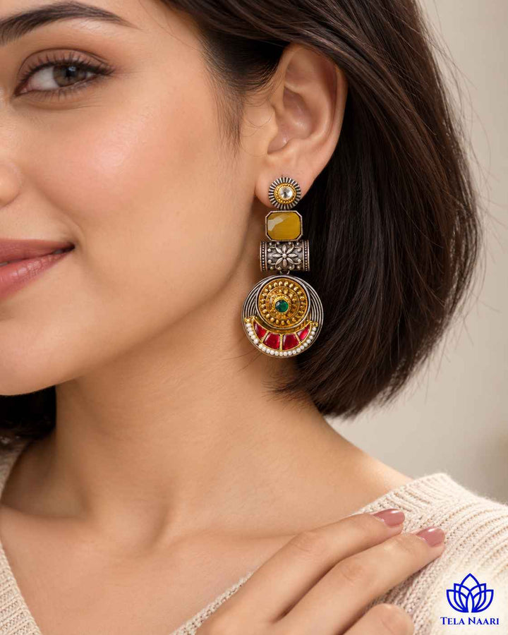Harmeet Yellow Pachi Kundan Fusion Dual Tone Earrings
