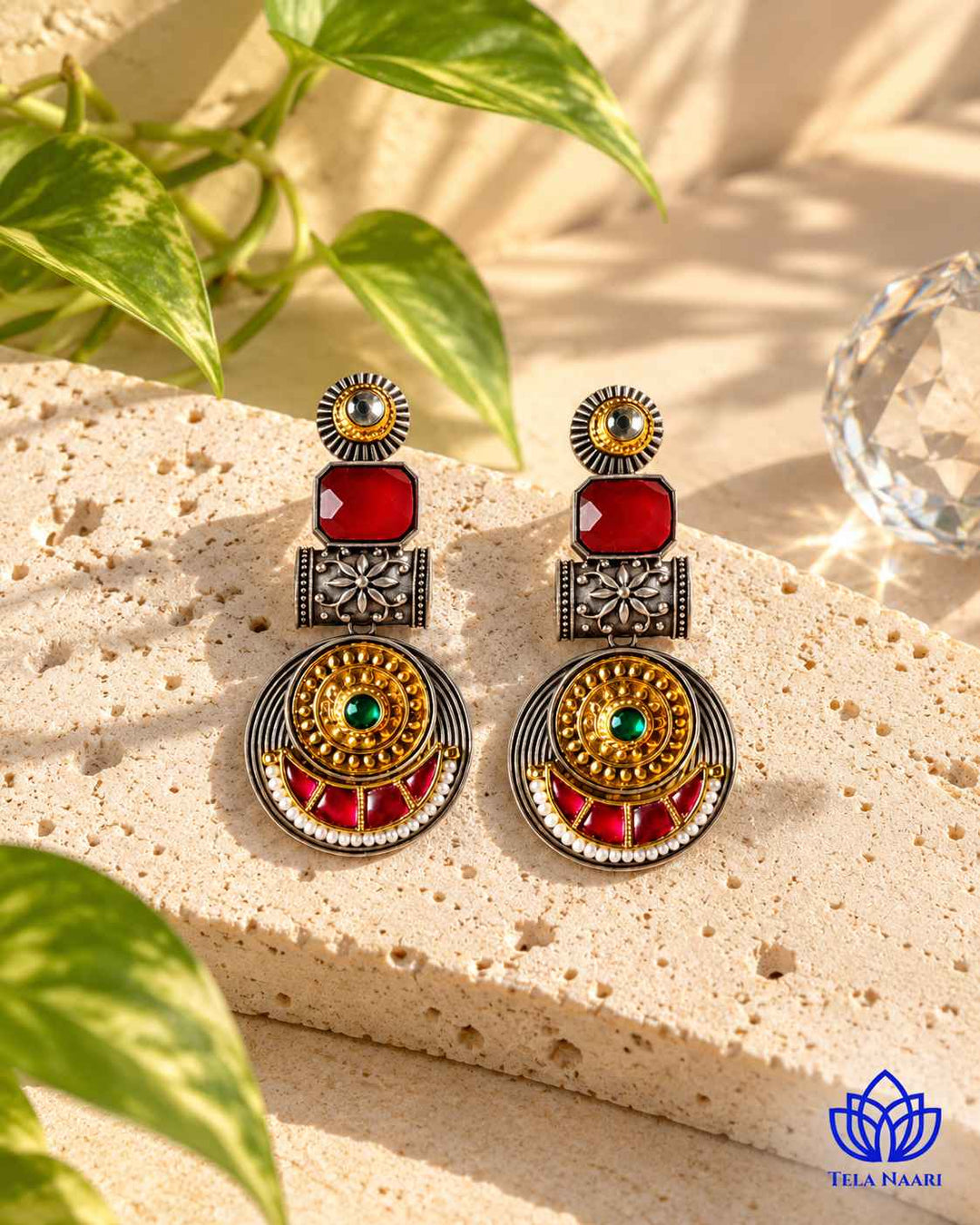 Harmeet Red Pachi Kundan Fusion Dual Tone Earrings