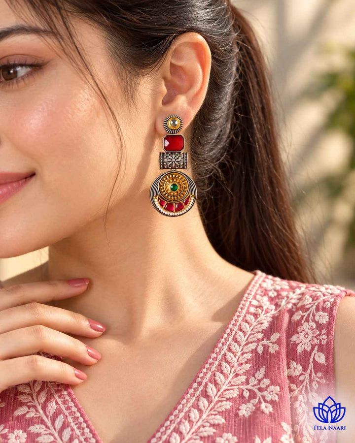 Harmeet Red Pachi Kundan Fusion Dual Tone Earrings