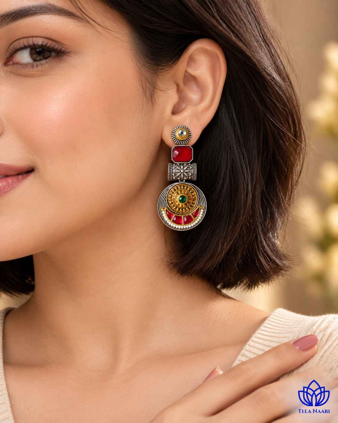 Harmeet Red Pachi Kundan Fusion Dual Tone Earrings
