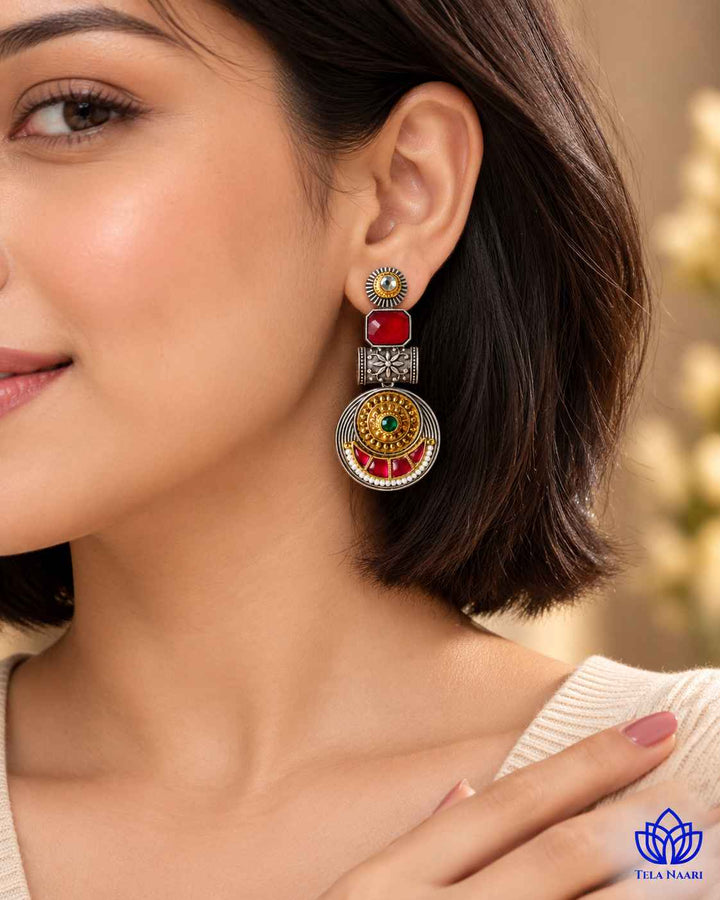 Harmeet Red Pachi Kundan Fusion Dual Tone Earrings