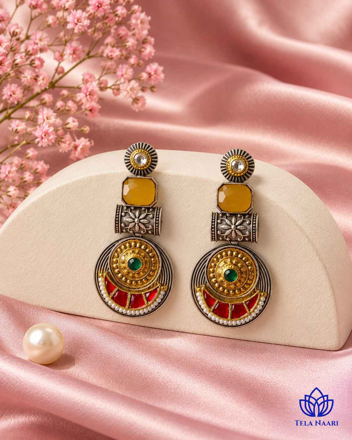Harmeet Yellow Pachi Kundan Fusion Dual Tone Earrings