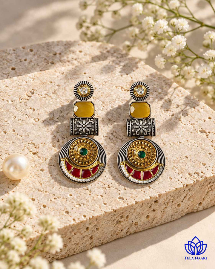Harmeet Yellow Pachi Kundan Fusion Dual Tone Earrings