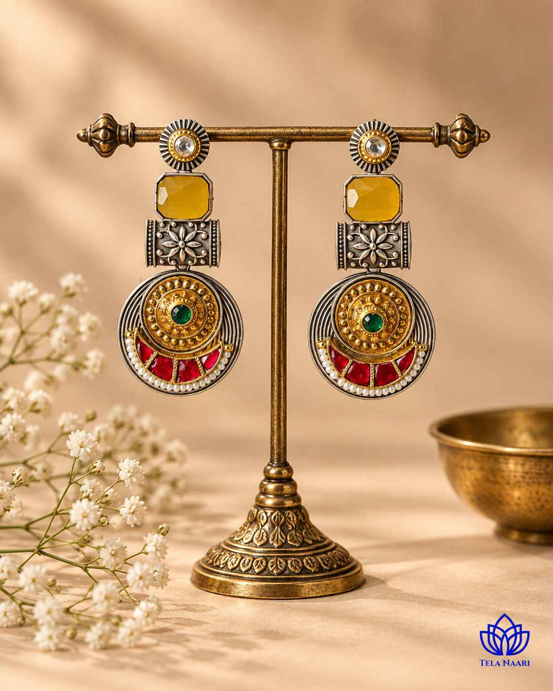 Harmeet Yellow Pachi Kundan Fusion Dual Tone Earrings