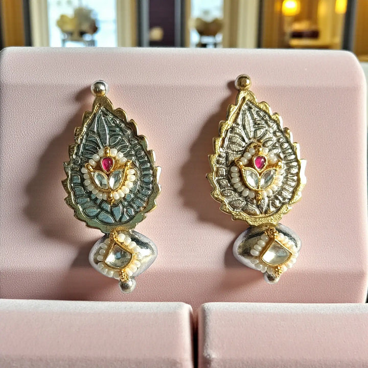 Ayati Dual Tone Pachi Kundan Fusion Silver Oxidised Earrings