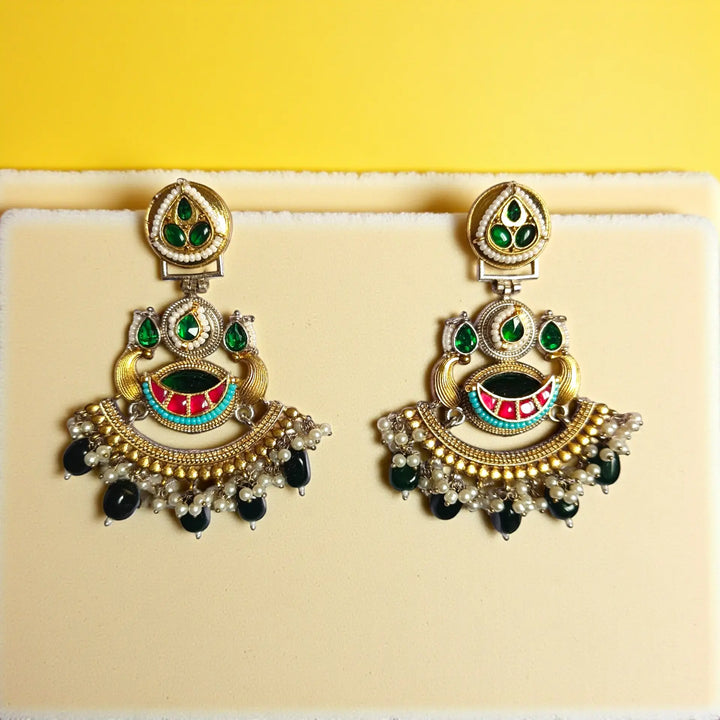 Telanaari Elegant Meera Dual Tone Fushion Pachi Kundan Silver Plated Earrings