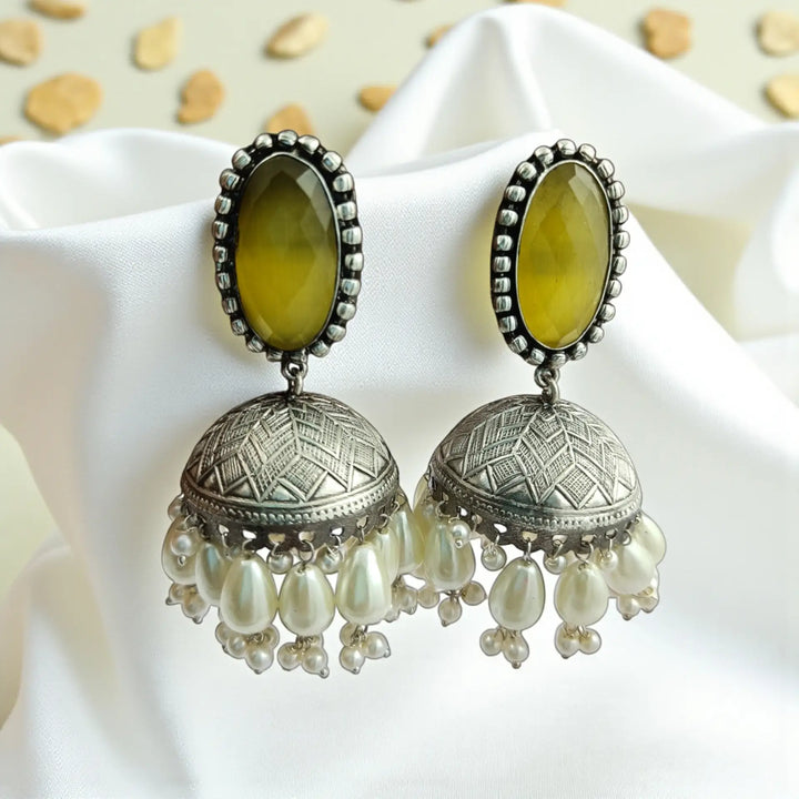 Elegant Vintage Pranvi Silver Oxidised Pearl Earrings With Big Jhumki