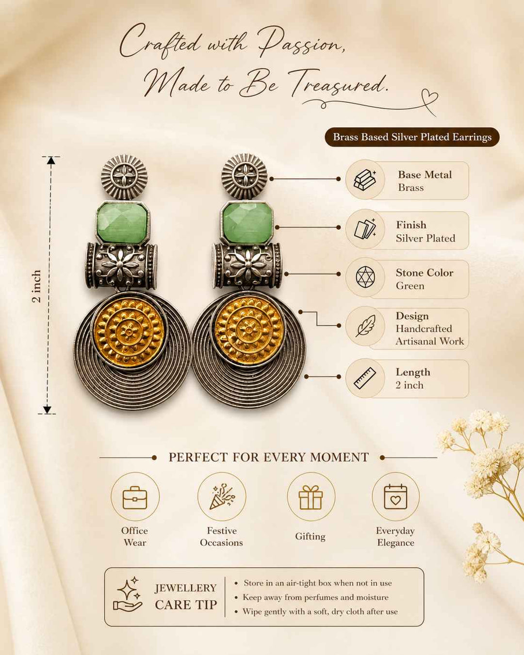 Aashtha dual tone silver plated statement earrings flat lay – ethnic jewellery by TelaNaari