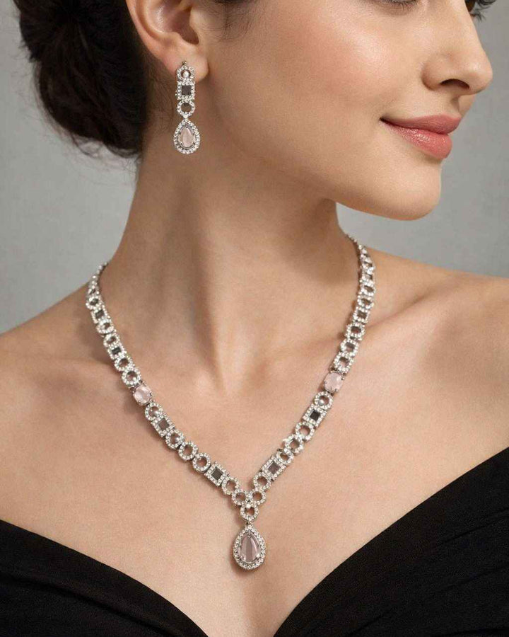 American Diamond Zirconia Pink Layered Necklace Set Olivia
