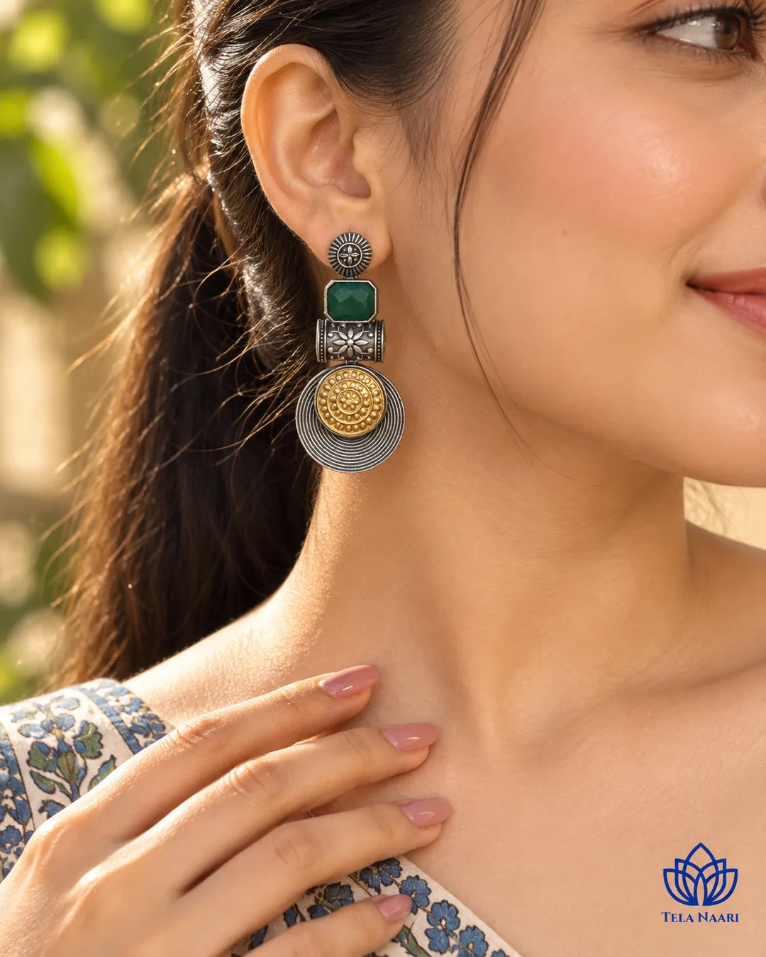 Aashtha Dual Tone Silver-Plated Green Earrings