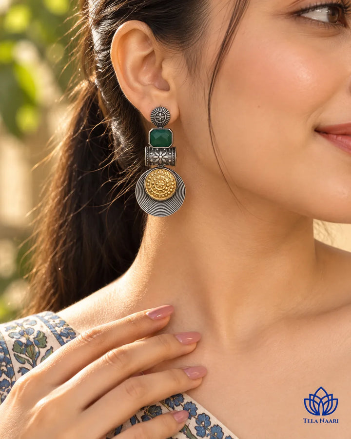 Aashtha Dual Tone Silver-Plated Green Earrings